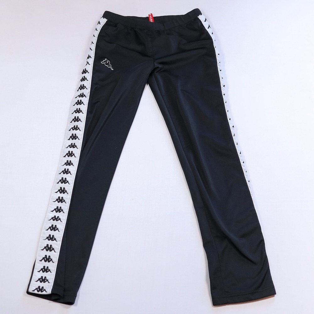 Kappa Track Pants Mens Small Black White Logo Tape Side Stripe Polyester Tricot